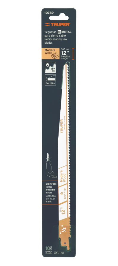Blister pack with 2 12" 6 TPP reciprocating saw blades for wood