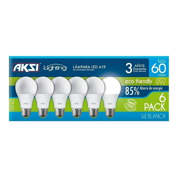 Pack of 6 Aksi 9W ECO A19 LED Bulbs E27 Base White Light