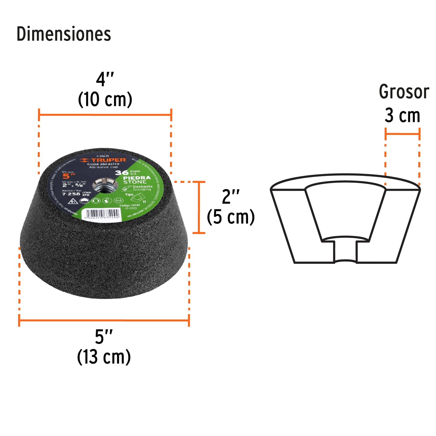 5" Grit 36 Grit Stone Grinding Cup, 5/8-11 Shank, TRUPER