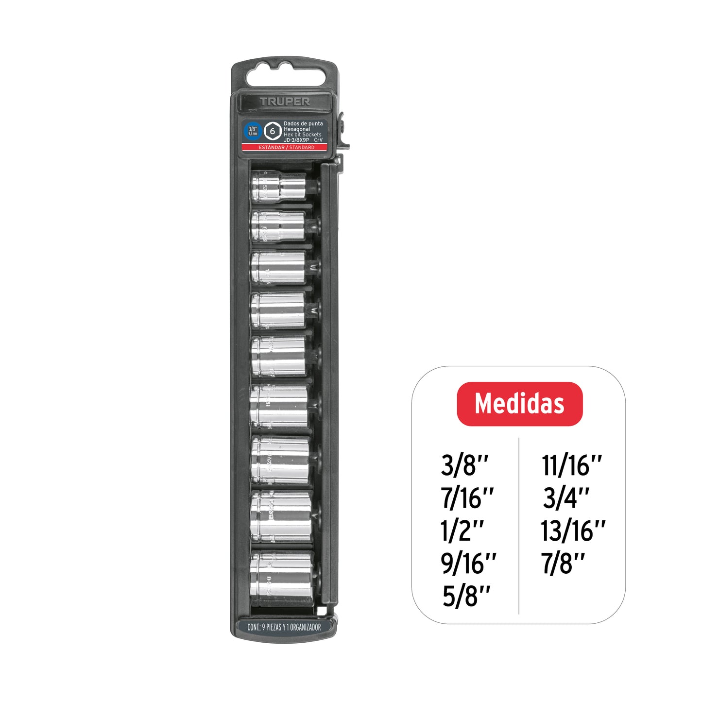 Set of 9 Sae 3/8" Drive Sockets, TRUPER