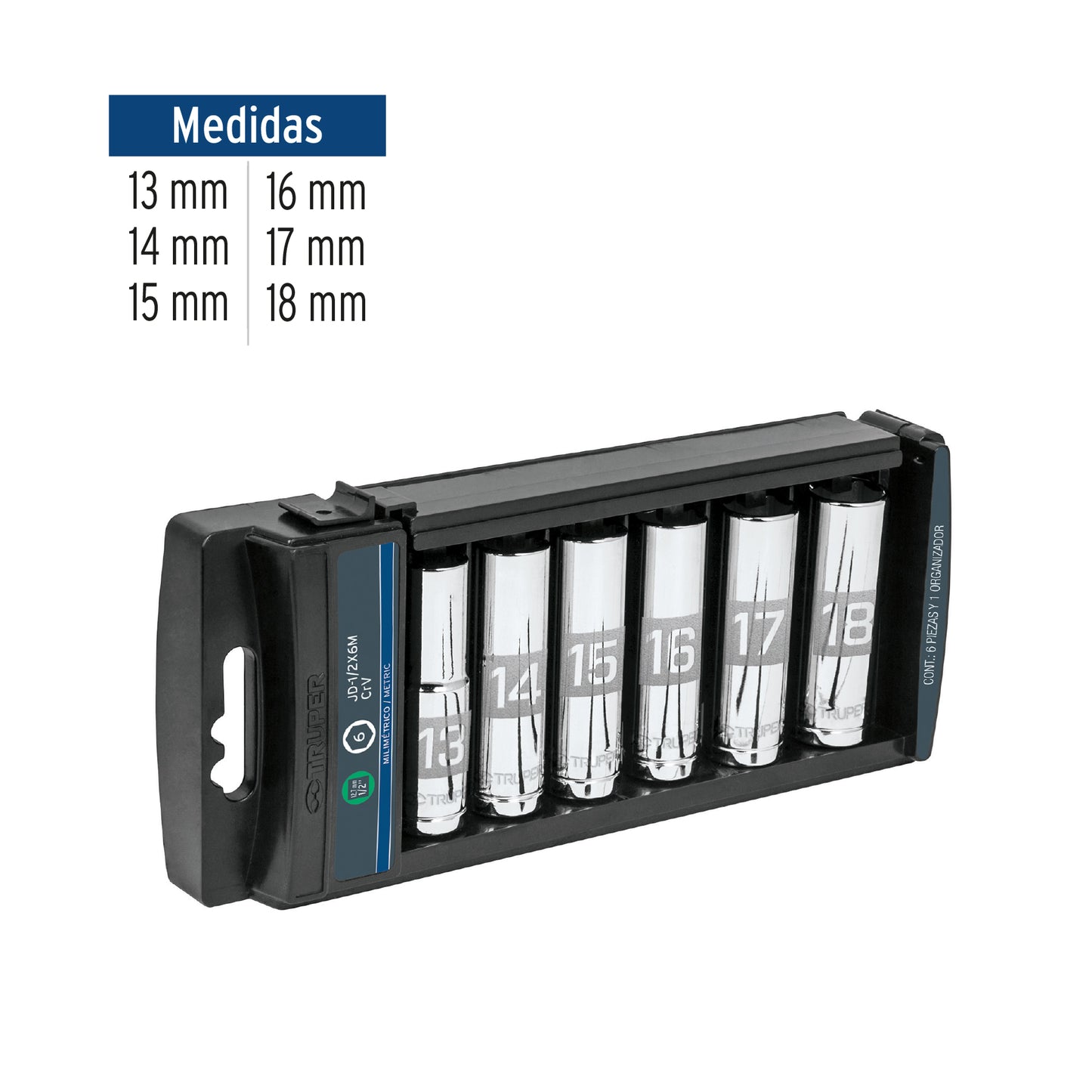 Set of 6 Long Sockets, 1/2" Drive, mm, TRUPER