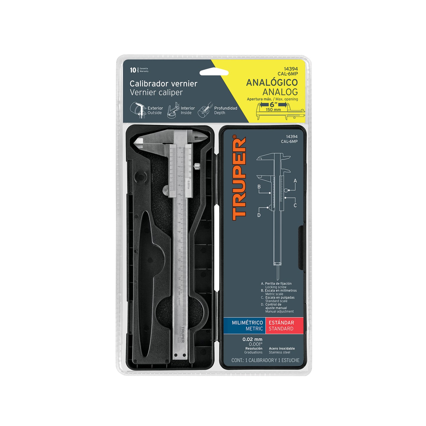 Analog Vernier Caliper, Stainless Steel, 6" Standard and Millimeter, TRUPER