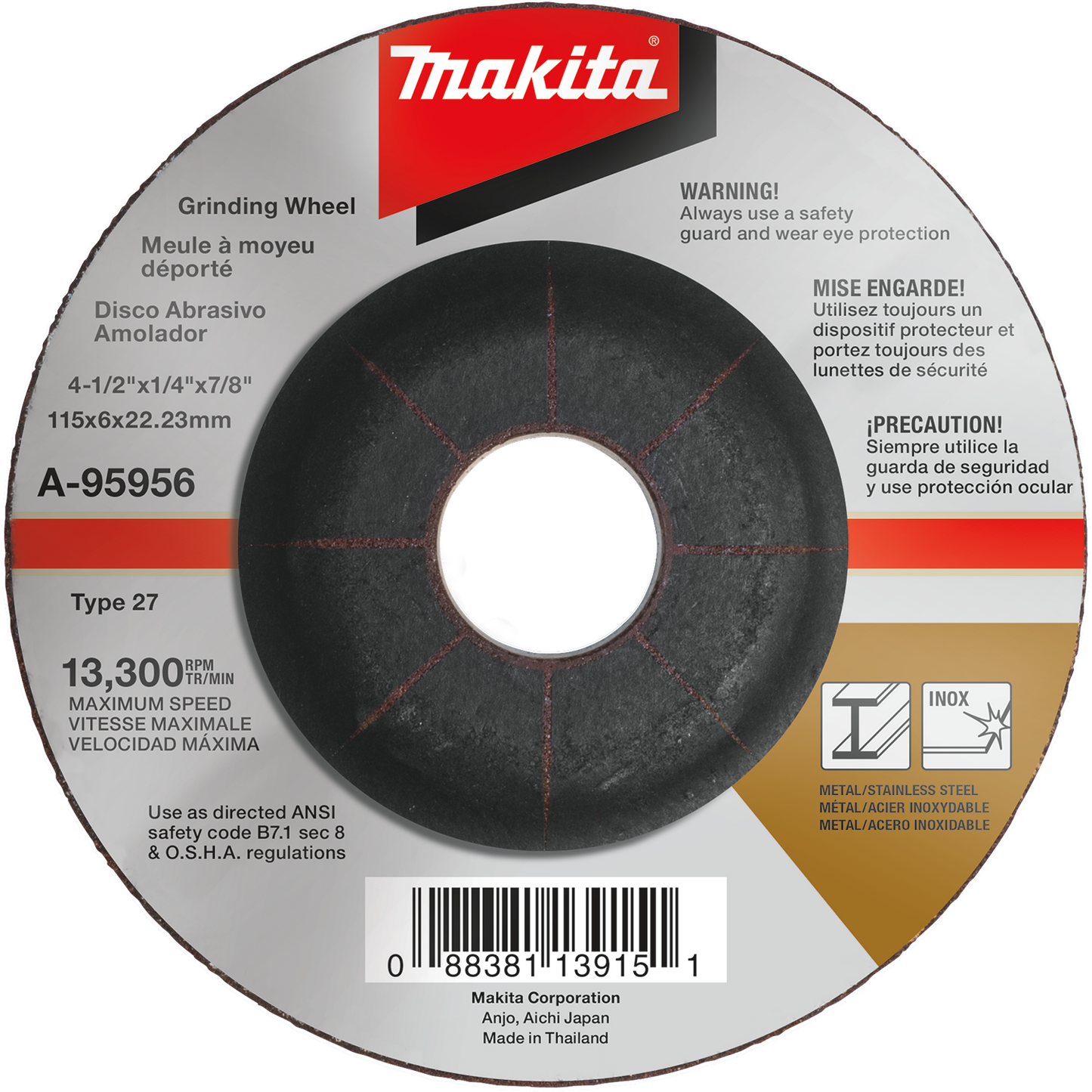 Grinding Wheel, 4‑1/2" X 1/4" X 7/8" INOX 36 Grit Makita