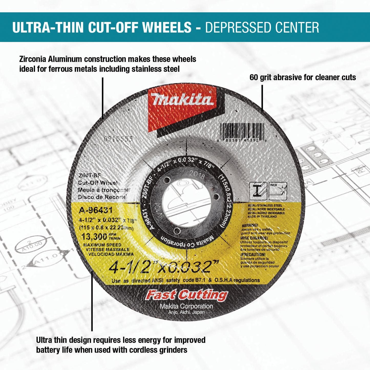 Cut-Off Wheel Stainless Ultra Thin Depressed Center5" x .032" x 7/8" 25 Pc. Makita