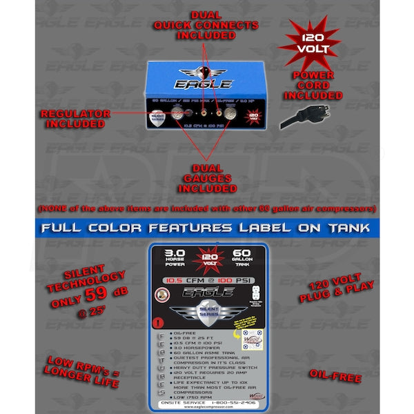 Eagle Silent Series 3-HP 60-Gallon Oil-Free Single-Stage Air Compressor (120V)