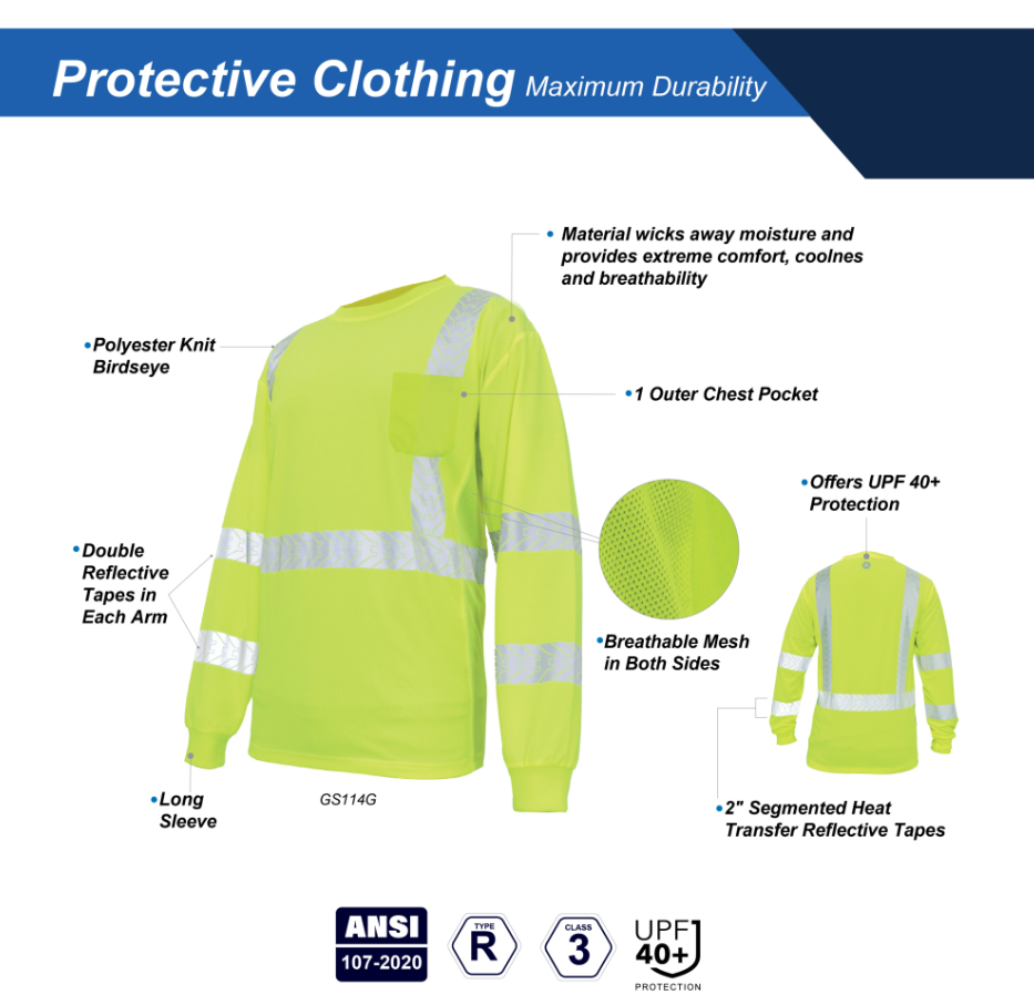 General Electric, HV Safety T-Shirt, Long Sleeve Reflective Tape L