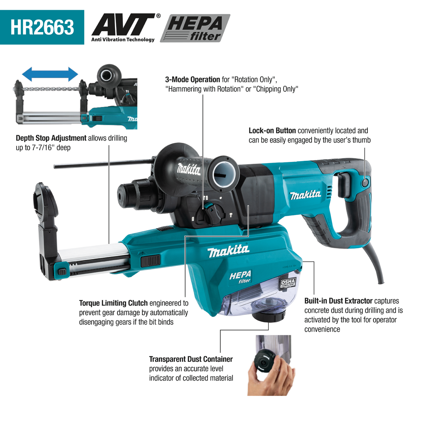 1" SDS‑PLUS AVT® Rotary Hammer, w/ HEPA Dust Extractor (D‑handle)