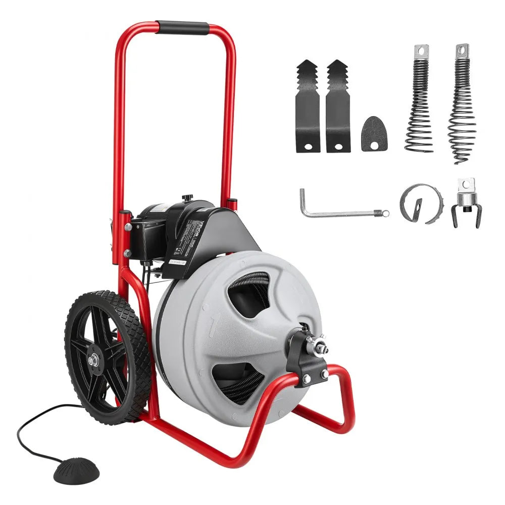 Drain Cleaner Machine 75 FT x 3/8 Inch, Sewer Snake Auger Manual Feed on Wheels VEVOR