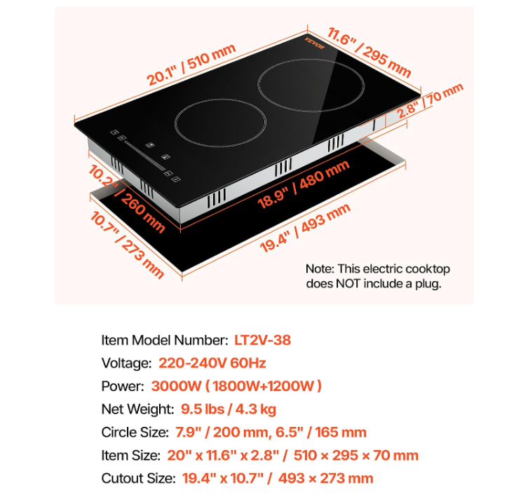 LT2V-38 / Tope Eléctrico 12" en ceramica 2 hornillas Vevor
