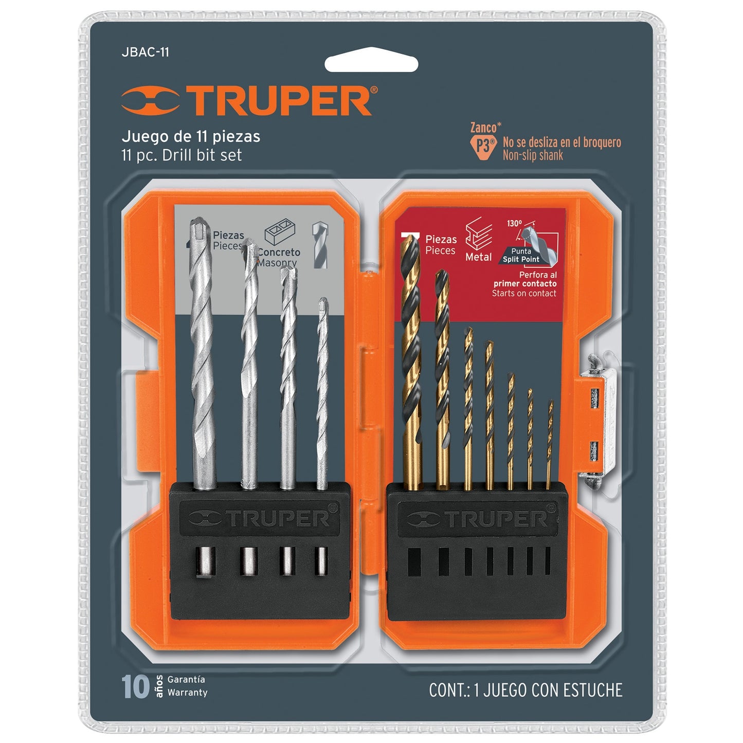 Drill Bit Set for Metal and Concrete In Case, 11-Piece TRUPER