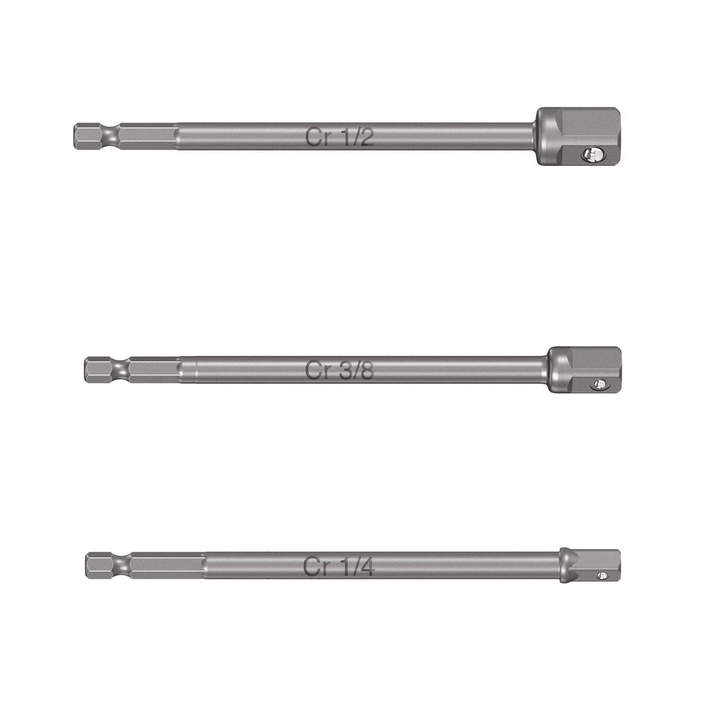 Set of 3 Long Adapters For 1/4", 3/8" and 1/2" Sockets