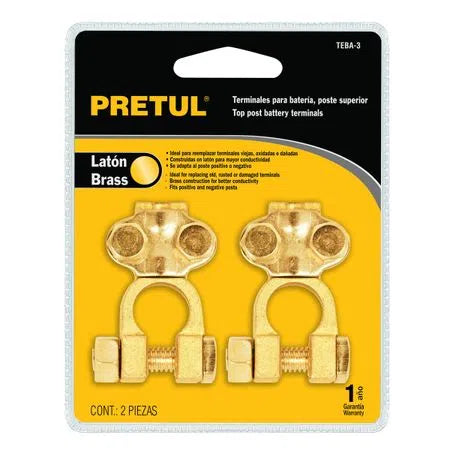 Blister Pack of 2 Battery Terminals, Brass Top Post, PRETUL