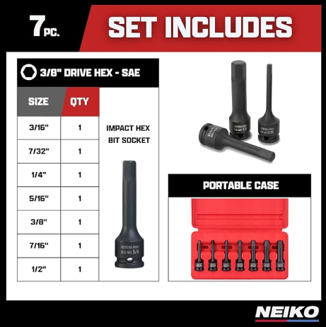 Allen Socket Set, 7 Piece, 3 Inch, 3/8” Impact Hex Bit SAE