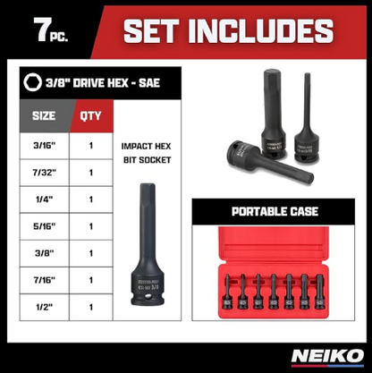 Allen Socket Set, 7 Piece, 3 Inch, 3/8” Impact Hex Bit SAE