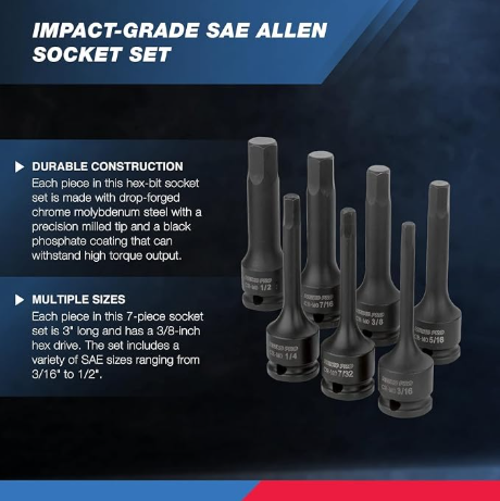Allen Socket Set, 7 Piece, 3 Inch, 3/8” Impact Hex Bit SAE