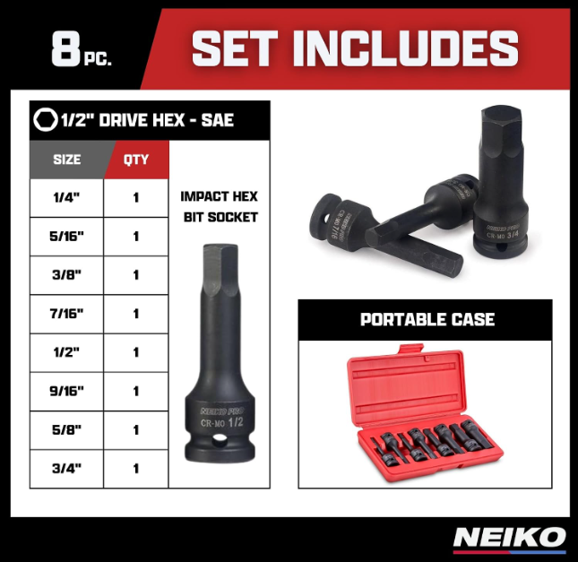 1/2" Drive Impact Hex Driver Set / SAE 1/4-3/4"