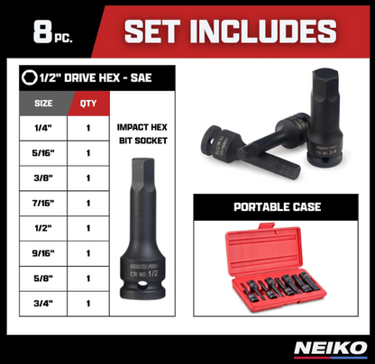 1/2" Drive Impact Hex Driver Set / SAE 1/4-3/4"