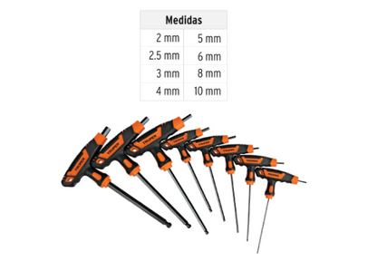 Set of 8 extra-long mm hexagonal keys with T-handle and ball end