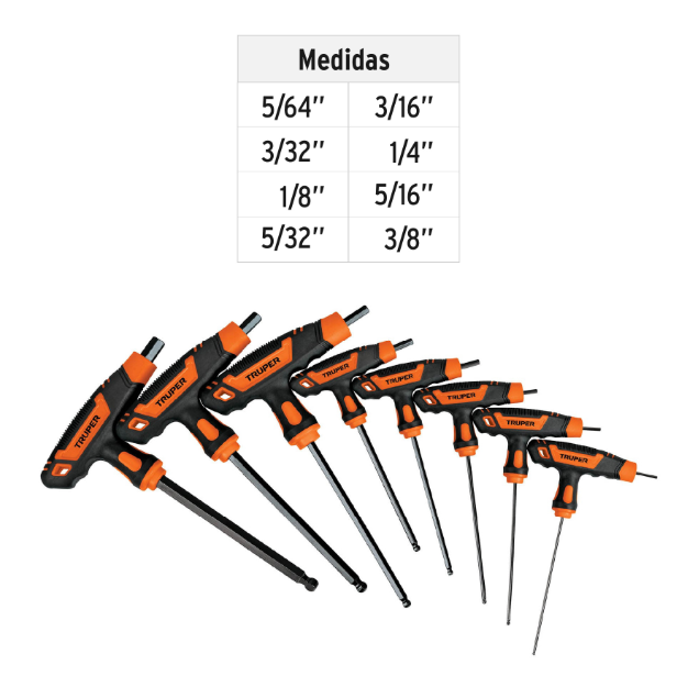 Set of 8 extra-long standard hexagonal keys with T-handle and ball end