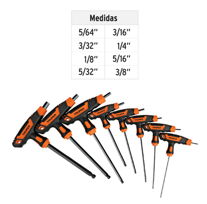 Set of 8 extra-long standard hexagonal keys with T-handle and ball end