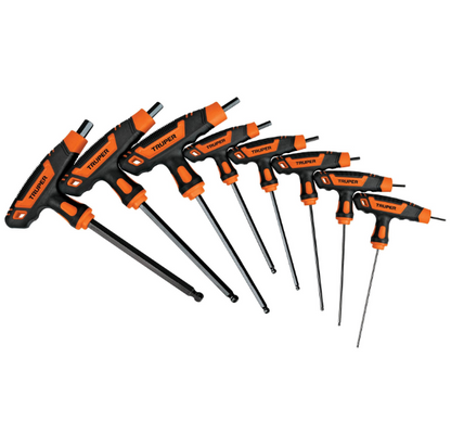 Set of 8 extra-long standard hexagonal keys with T-handle and ball end