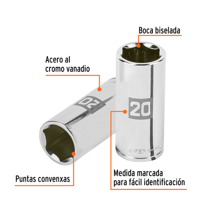 Deep Socket, 6 Points, 3/8" Drive, 20mm TRUPER