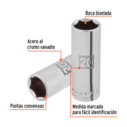 Deep Socket, 6 Points, 1/2" Drive, 20mm TRUPER