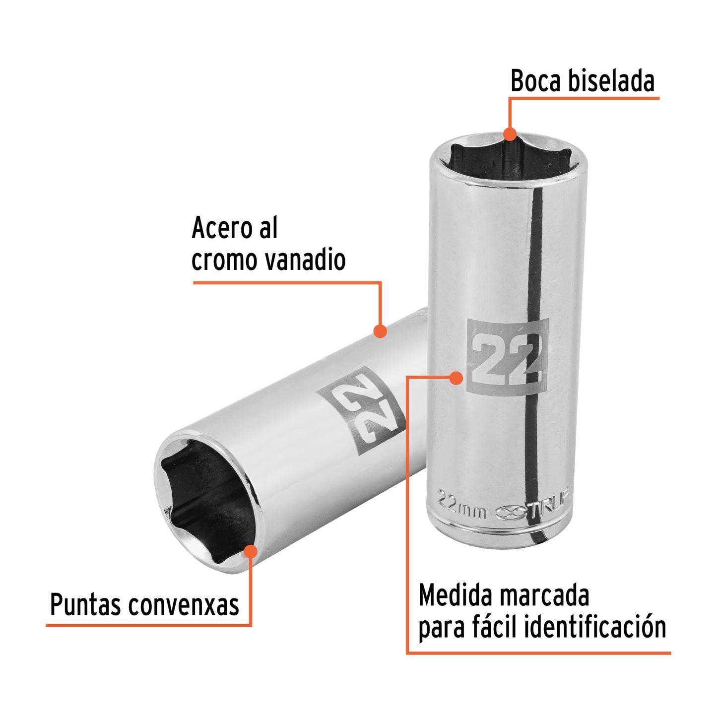 Deep Socket, 6 Points, 1/2" Drive, 22mm TRUPER