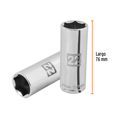 Deep Socket, 6 Points, 1/2" Drive, 22mm TRUPER