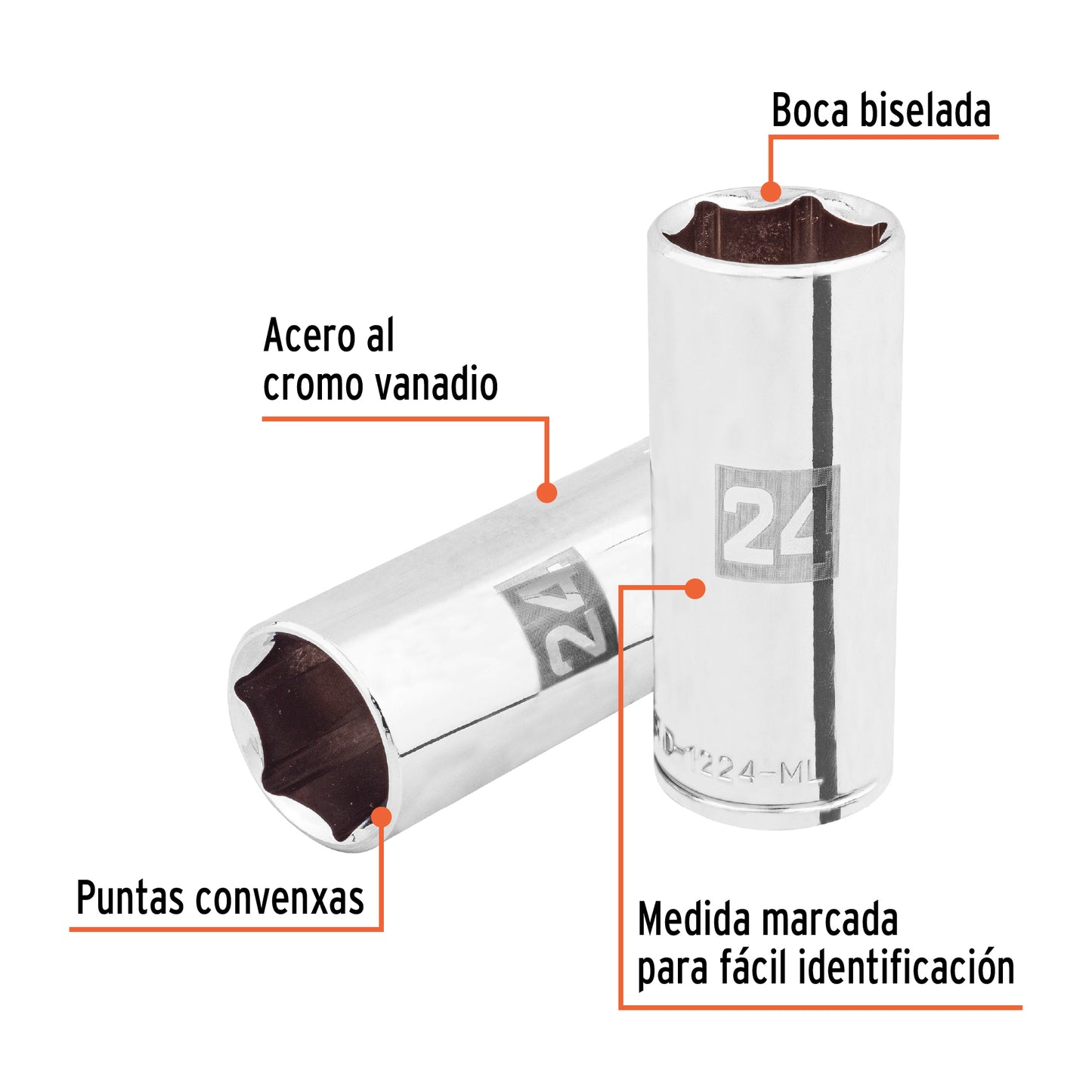 Deep Socket, 6 Points, 1/2" Drive, 24mm  TRUPER