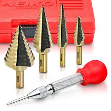 Step Drill Bit Set and Automatic Center Punch 5 Piece, 41 SAE