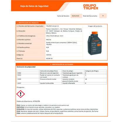 Mineral Oil for Compressor 1000ml (34oz), TRUPER