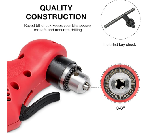 3/8" Right Angle Drill, 55-Degree Angle Close Quarter Corded Drill (0-1400 RPM)