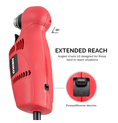 3/8" Right Angle Drill, 55-Degree Angle Close Quarter Corded Drill (0-1400 RPM)