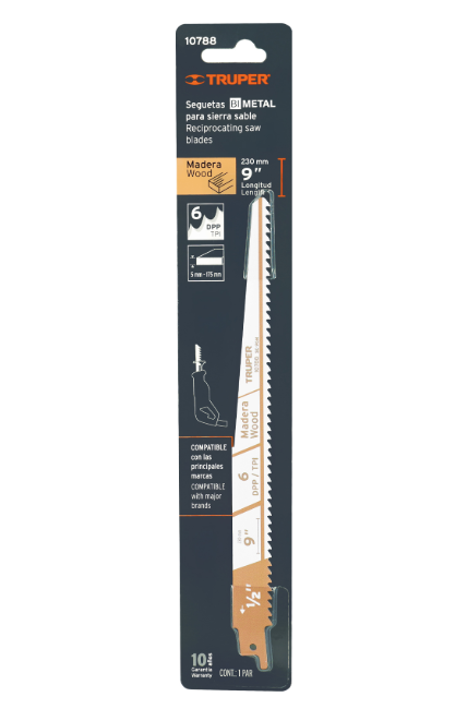 Blister pack with 2 9" 6 TPP reciprocating saw blades for wood