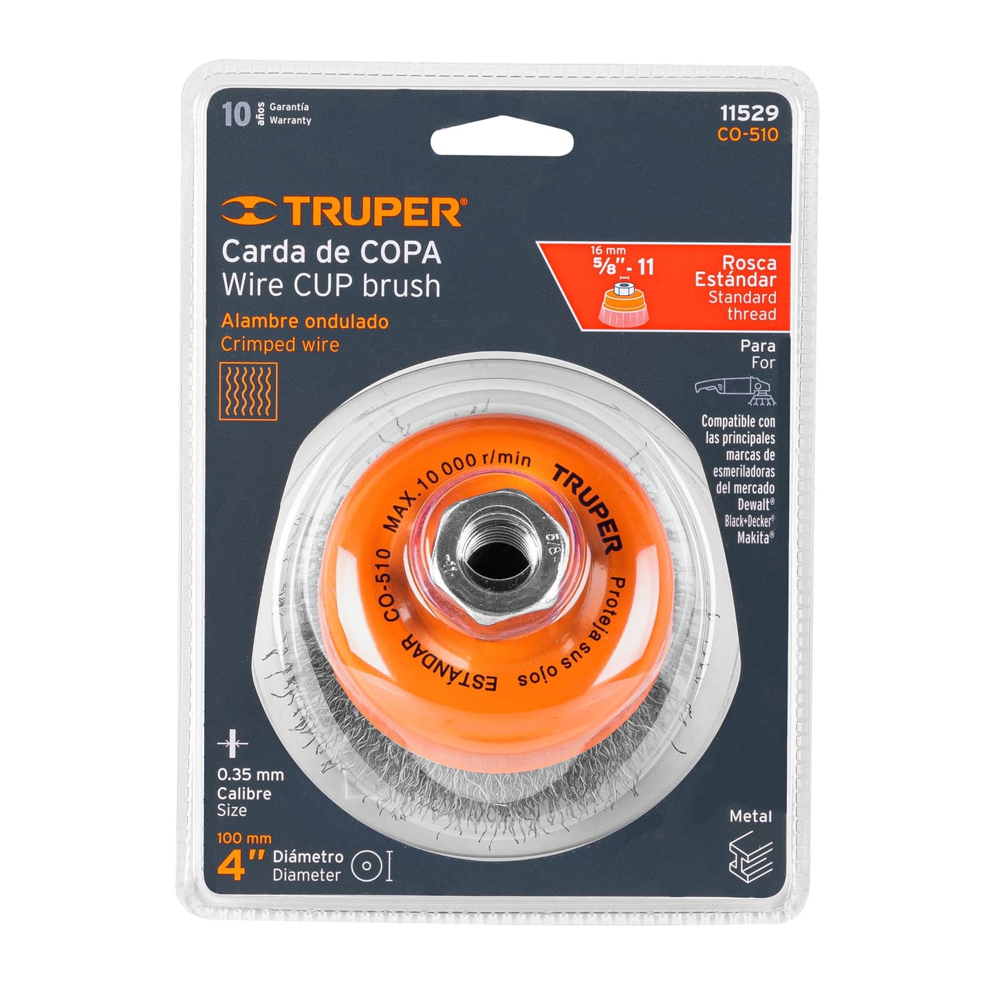 Cup 4" Carding Machine With Fine Crimped Wire, 5/8"-11 Shaft TRUPER