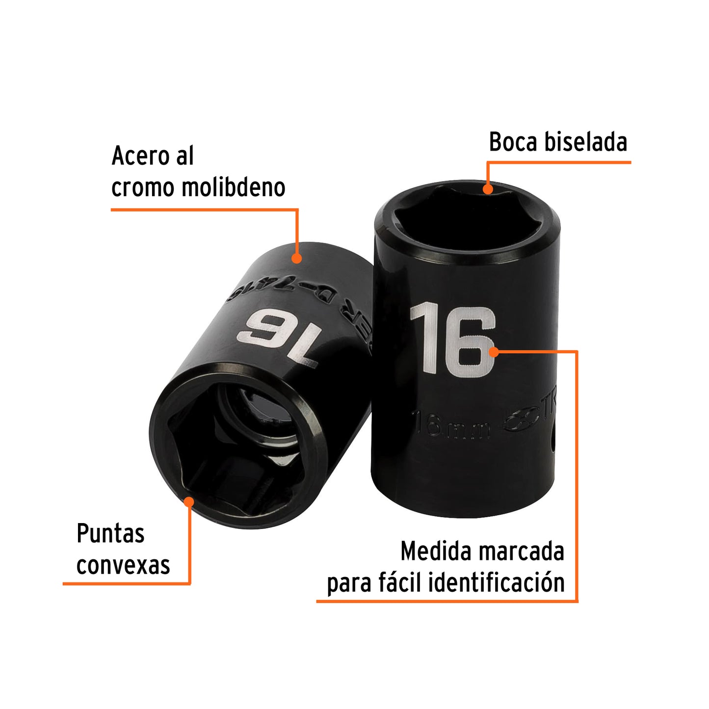 Impact Socket, 6 Points, 1/2" Square Drive 16 mm, TRUPER