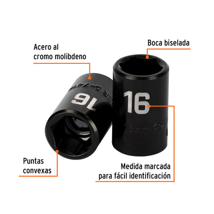 Impact Socket, 6 Points, 1/2" Square Drive 16 mm, TRUPER