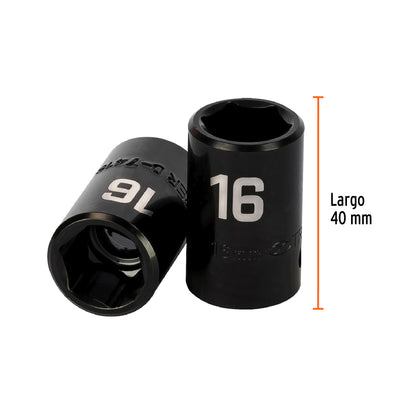 Impact Socket, 6 Points, 1/2" Square Drive 16 mm, TRUPER