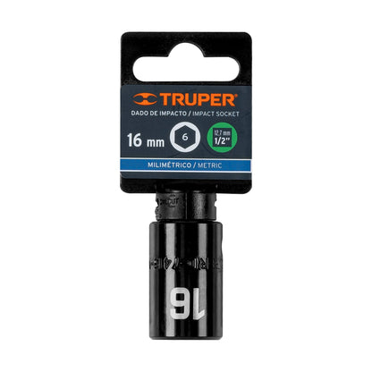 Impact Socket, 6 Points, 1/2" Square Drive 16 mm, TRUPER