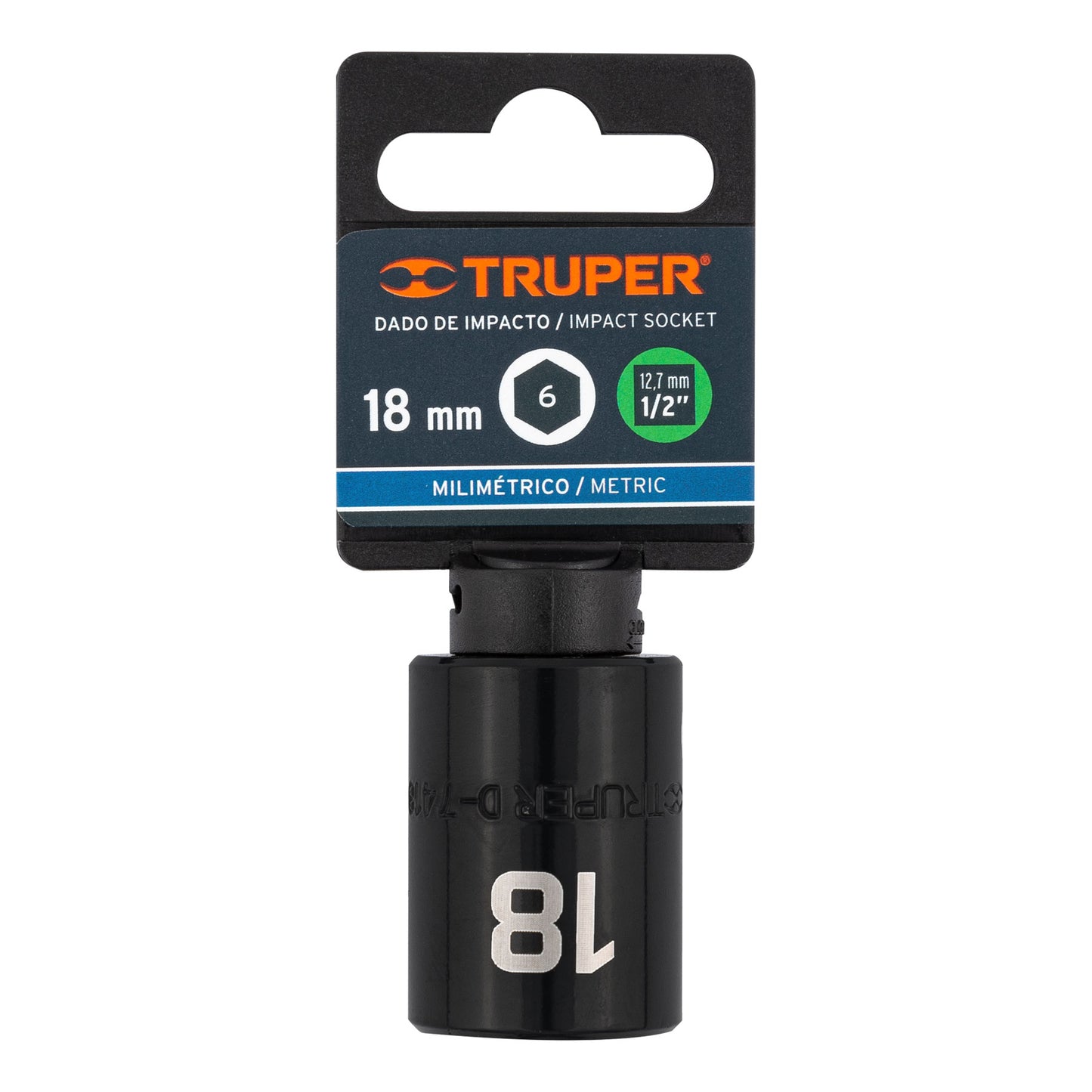 Impact Socket, 6 Points, 1/2" Square Drive 18 mm, TRUPER