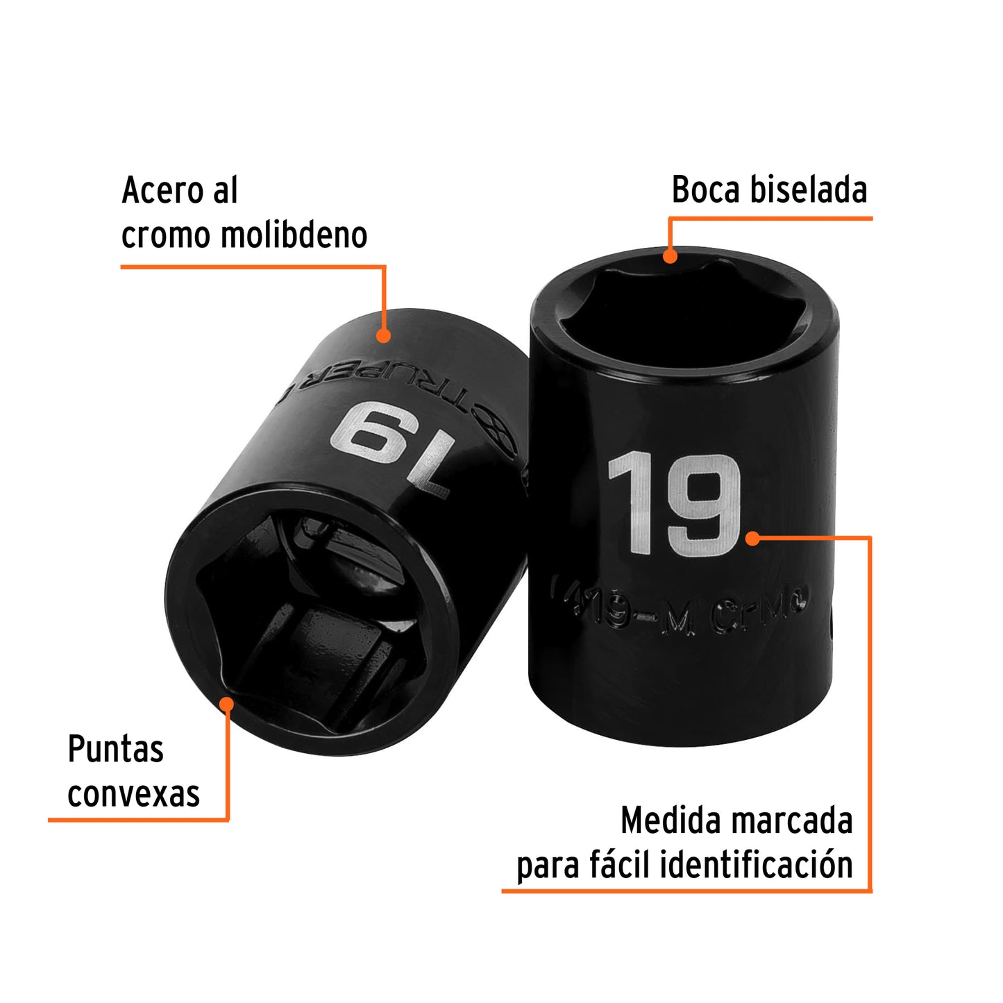 Impact Socket, 6 Points, 1/2" Square Drive 19 mm, TRUPER