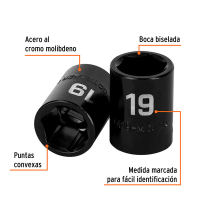 Impact Socket, 6 Points, 1/2" Square Drive 19 mm, TRUPER