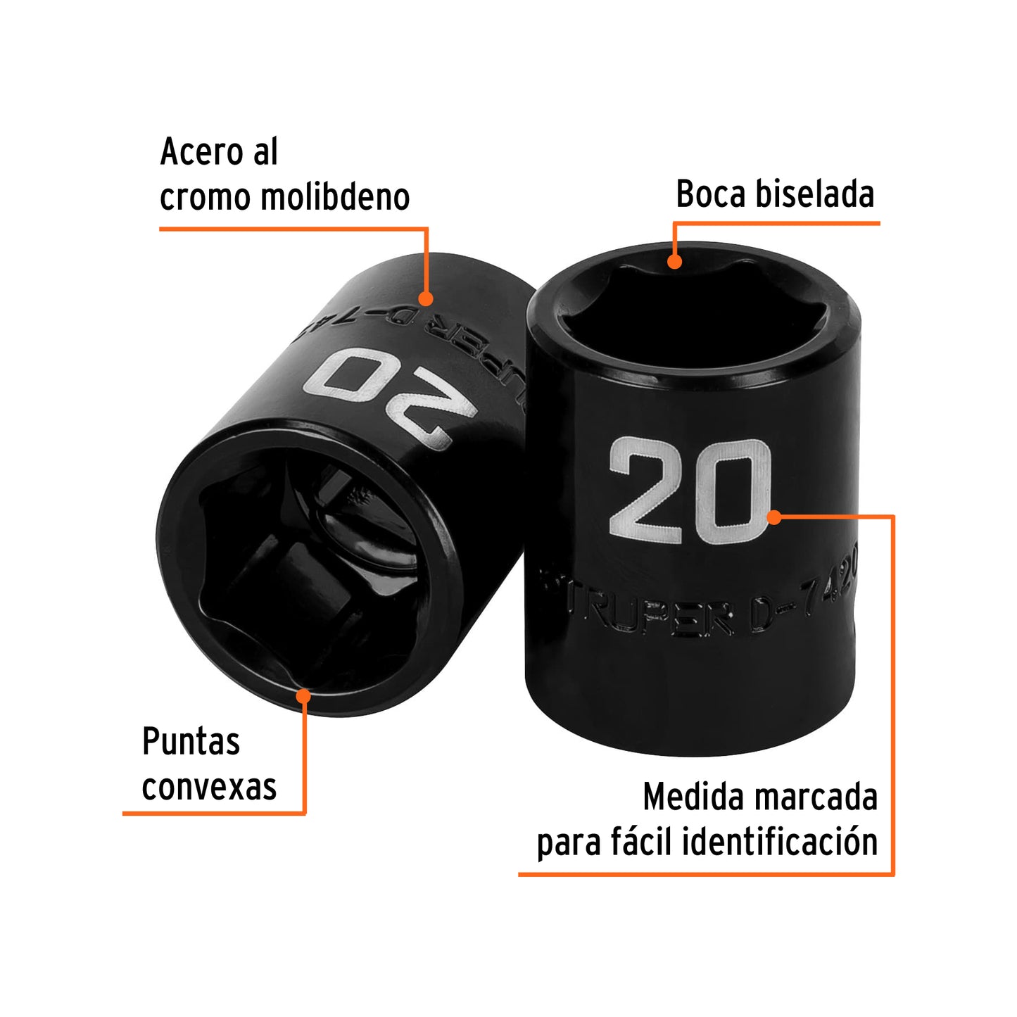 Impact Socket, 6 Points, 1/2" Square Drive 20 mm, TRUPER