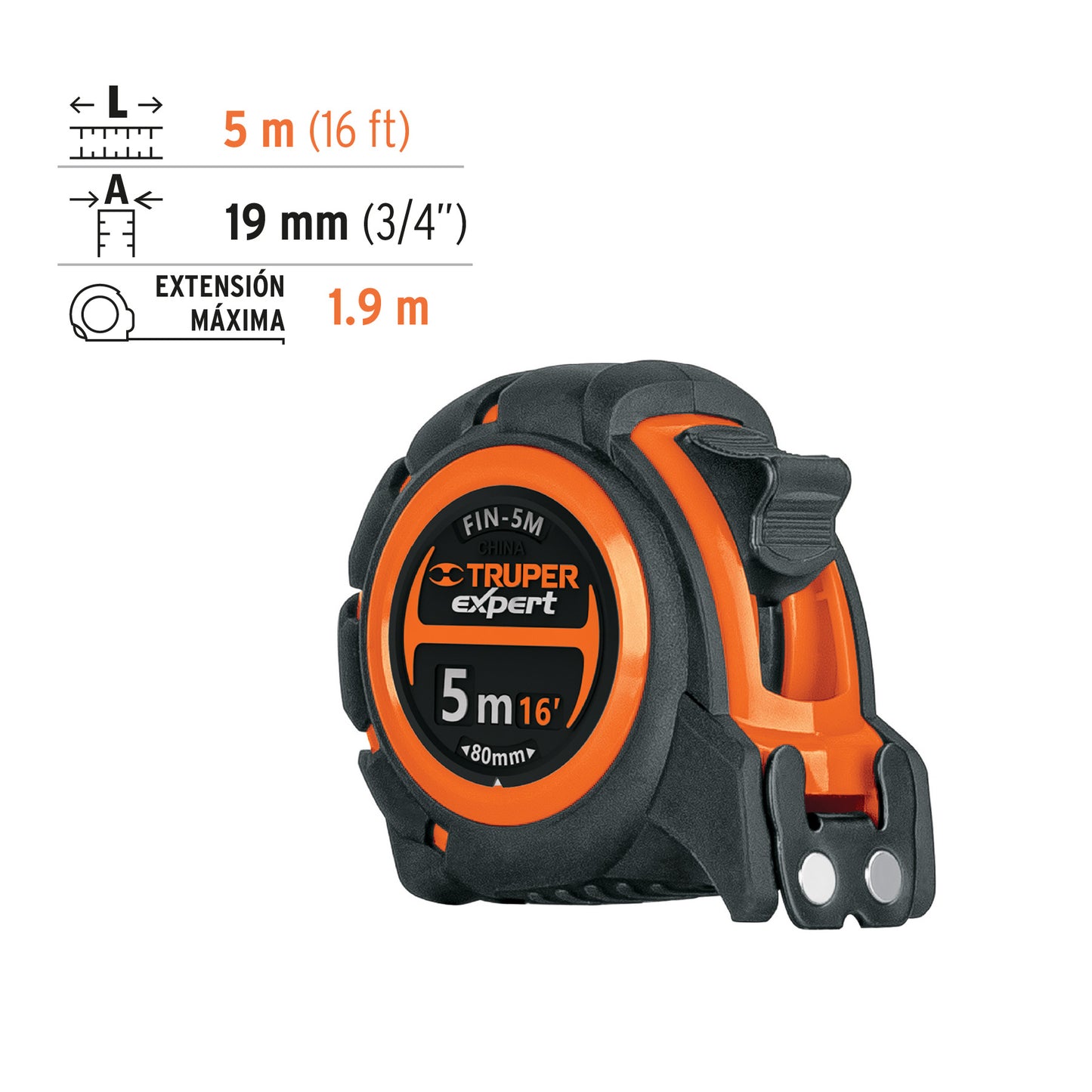 Impact-resistant industrial tape measure, 5 m, 19 mm tape "TRUPER"