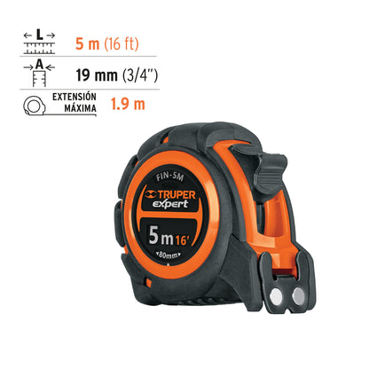 Impact-resistant industrial tape measure, 5 m, 19 mm tape "TRUPER"