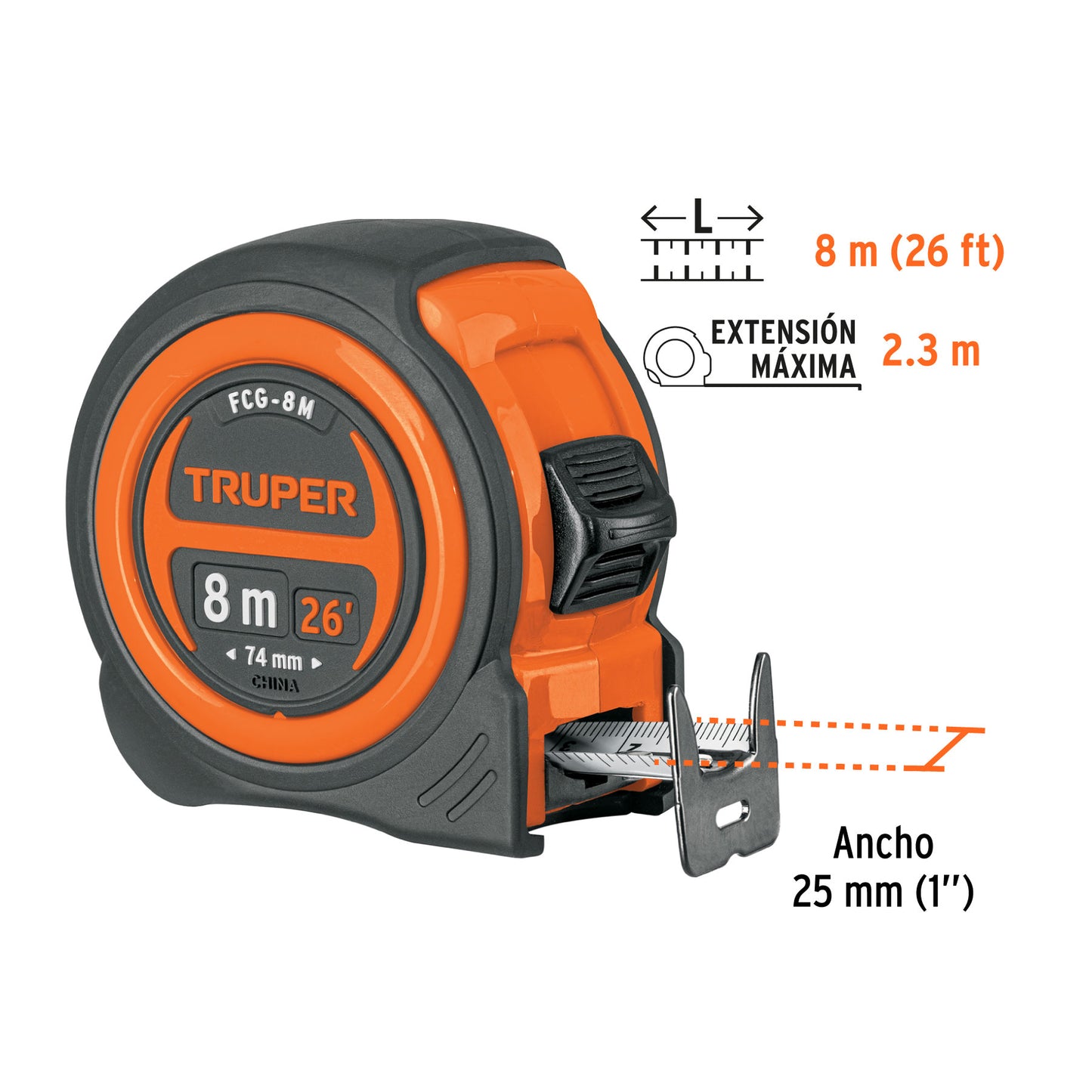 Compact impact-resistant tape measure, 8 m, 25 mm tape "TRUPER"