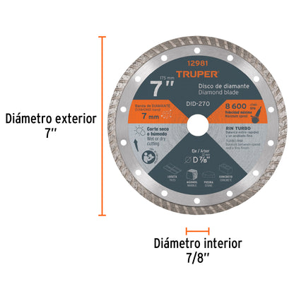 Diamond Disc, 7" x 2.8 mm Turbo Rim, TRUPER