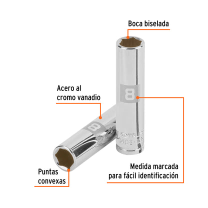 Deep Socket, 6 Points, 1/4" Drive, 8mm TRUPER