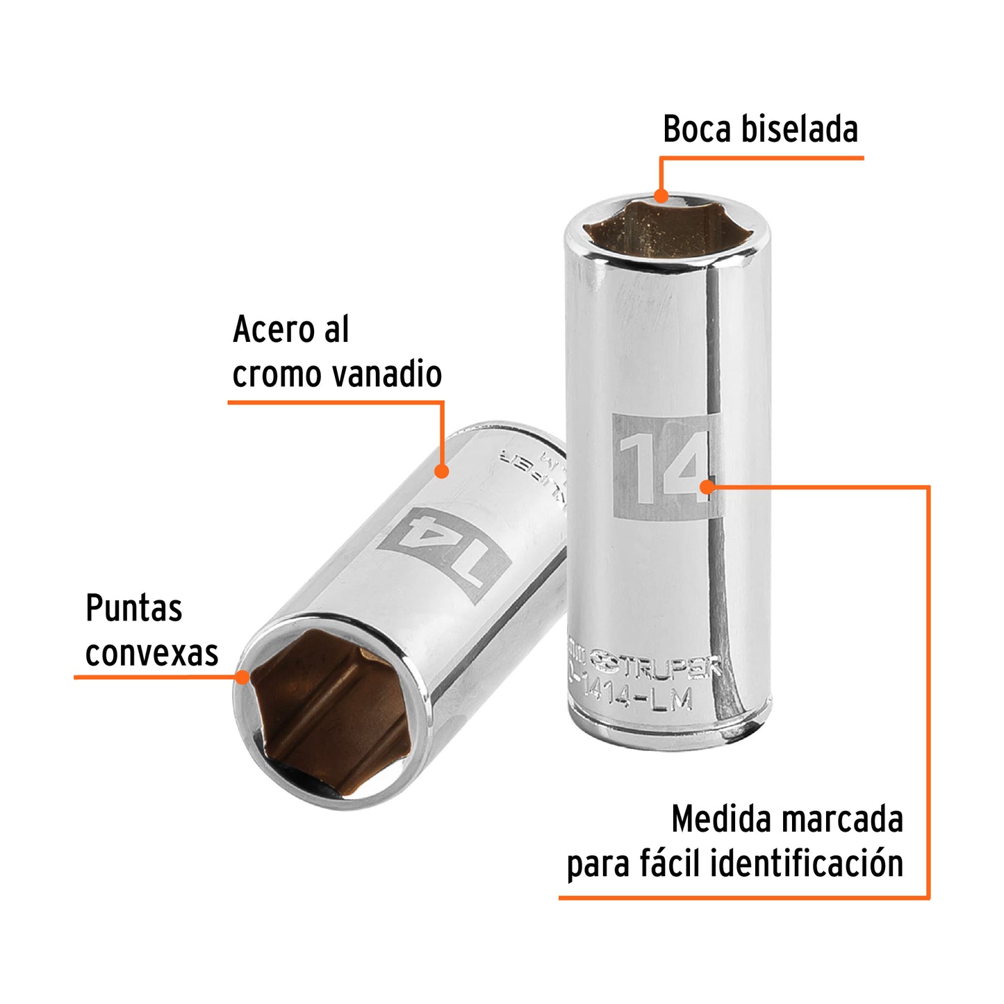 Deep Socket, 6 Points, 1/4" Drive, 14mm TRUPER